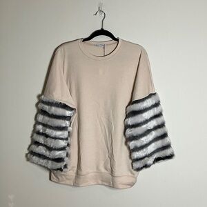 Zara Beige Sweatshirt with Faux Fur Sleeves